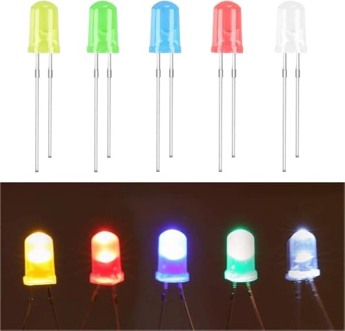 Pack of 100 LED Light Emitting Diodes 5mm LED Diodes | 3V, red, blue, yellow, green, white, round head, 2 pin, extra bright, diffuse, 5 colors, 20 pieces of each color