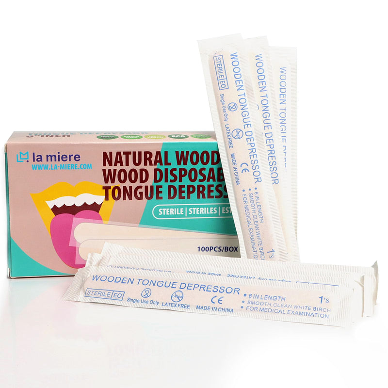 [Australia - AusPower] - Wood Tongue Depressors Sterile 100 Count, Large Applicator Sticks, 6" Tongue Depressors Wood Individually Wrapped for Medical Popsicle Crafts, Sterile 6inch Sterile 