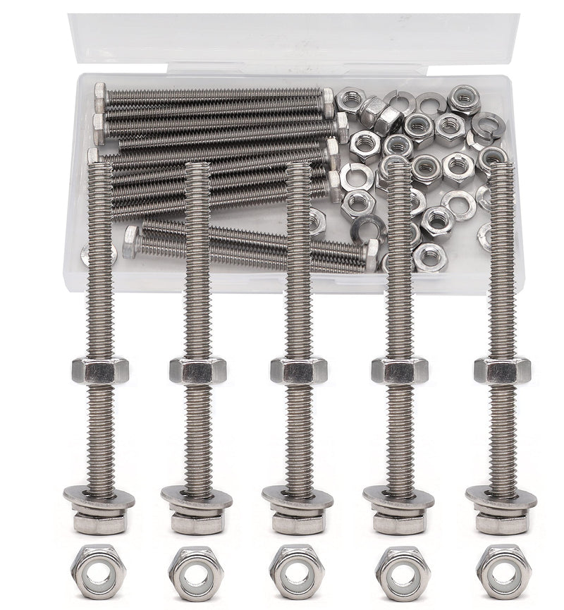 [Australia - AusPower] - binifiMux 1/4-20 x 6" Hex Bolts Washers Nuts Set, 30 Pieces, 304 Stainless Steel, Plain Finish, 1/4"-20 Hex Nuts, 1/4"-20 Nylon Inserted Nuts, 1/4" Spring Washer, 1/4" Flat Washers 1/4-20" x 6" (6 Pack) 
