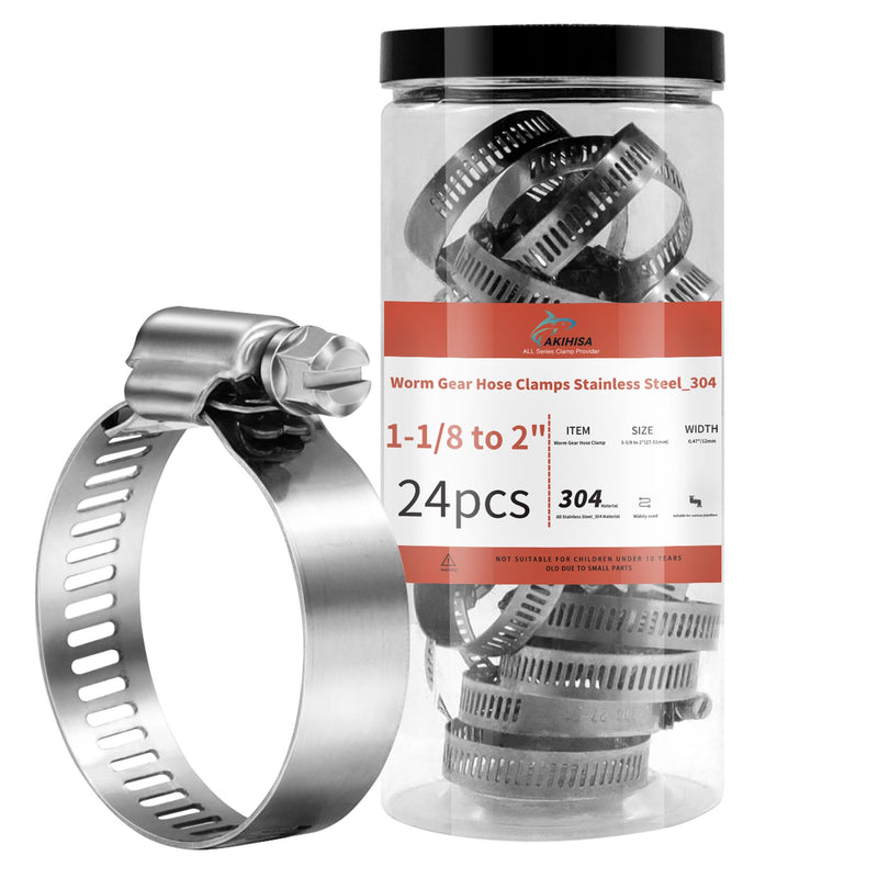 [Australia - AusPower] - 24 Pack 1 1/8'' - 2'' Worm Gear Hose Clamps, Adjustable Range 27-51mm 304 Stainless Steel Fuel Line Hose Clamps for Pipe, Plumbing, Automotive And Mechanical Application 24 Pack 1 1/8'' - 2'' (27-51mm) 
