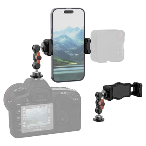 SOH Hot/Cold Shoe Phone Mount Holder, Universal 2 Ball Head Smartphone Mount Adapter, Cold Shoe Phone Clip Mount for iPhone 17/16/15, DSLR Camera LCD Camera Cage Flash LED Light Microphone and More BLACK&RED
