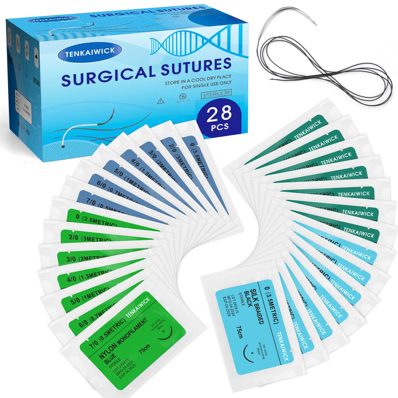 [Australia - AusPower] - 28 Packs Sutures Thread with Needle,Mixed Sutures, Training Threads(0,2/0,3/0,4/0,5/0,6/0,7/0) for Practicing Suturing can be Used for Suture Pads, Fruit peels,4 Material 28 