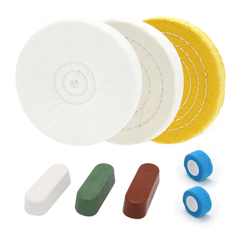 [Australia - AusPower] - SCOTTCHEN 8inch Buffing Polishing Wheels 5/8" Arbor Hole,Soft/Fine/Medium for Bench Grinder-3PCS,with Buffing Polishing Cutting Compounds 7.4 Oz.Kit,with 2 Pack Non-Woven Bandage Wrap 8 inch Multi 8pcs 