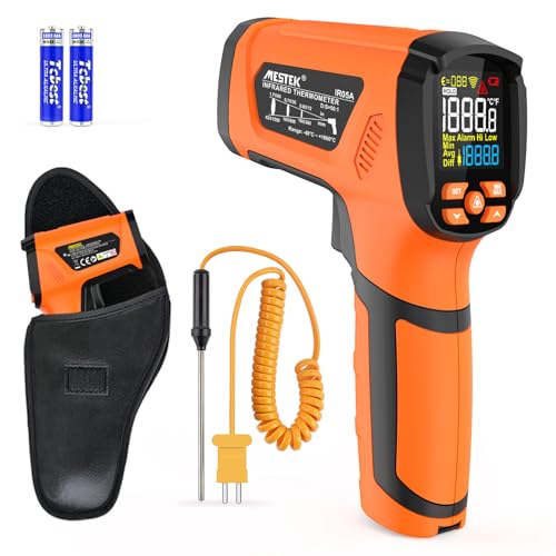 Infrared Thermometer MESTEK -40°C to 1600°C High Temperature Digital Laser Temperature Meter with K-Probe IR Pyrometer Non-Contact LCD Alarm Adjustable Emissivity for Kitchen Industry IR05A-Orange
