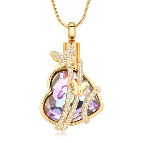 Hearbeingt Butterfly Heart Urn Necklaces for Ashes Cremation Jewelry Gold-Pink