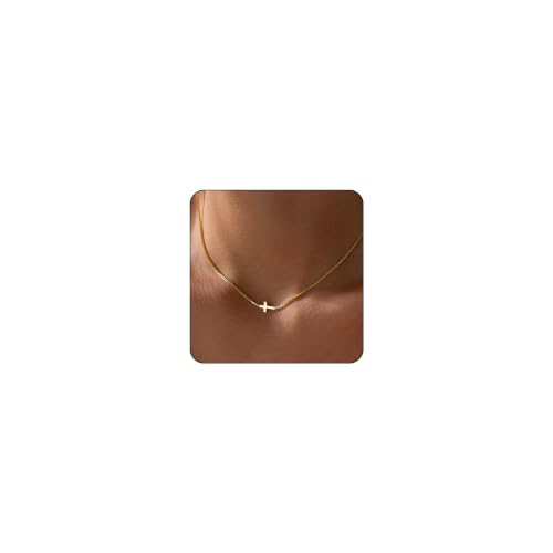 Rotnso Cross Necklace for Women 14K Gold Plated Dainty Small Pendant Choker Box Chain Sideways Cross-GD