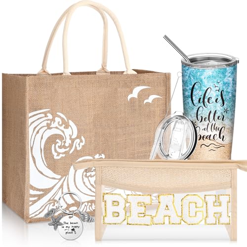 6 Pcs Beach Gifts Set for Women Bag Tumbler Keychain, Classic