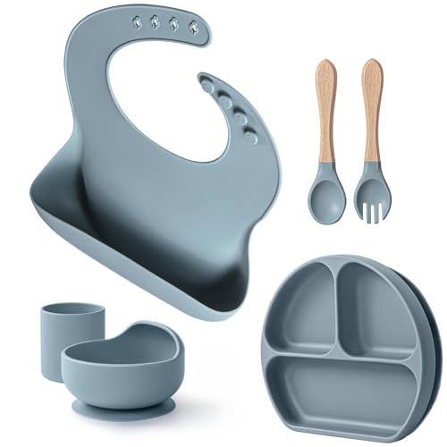 Baby Suction Plates and Bowls Set - 100% Food Grade Silicone Toddler Feeding Supplies for BLW | Stay-Put Divided Dish | Includes Bonus Bib, Cup & Soft Spoon/Fork (6-Piece) Blue