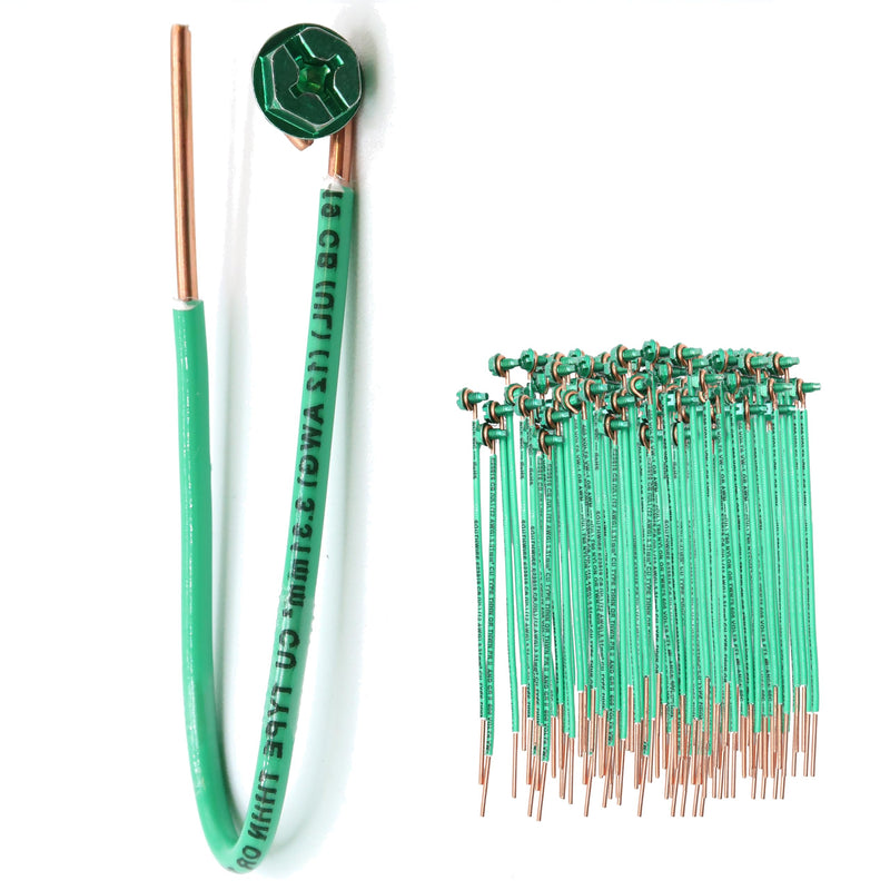 (Pack of 100) 12 AWG Solid Copper Ground Wire with Green Ground Screws – 6.5" Edge-Stripped Grounding Wire, 5/8" Strip, 10-32 x 3/8" Captive Green Screws for Electrical Boxes