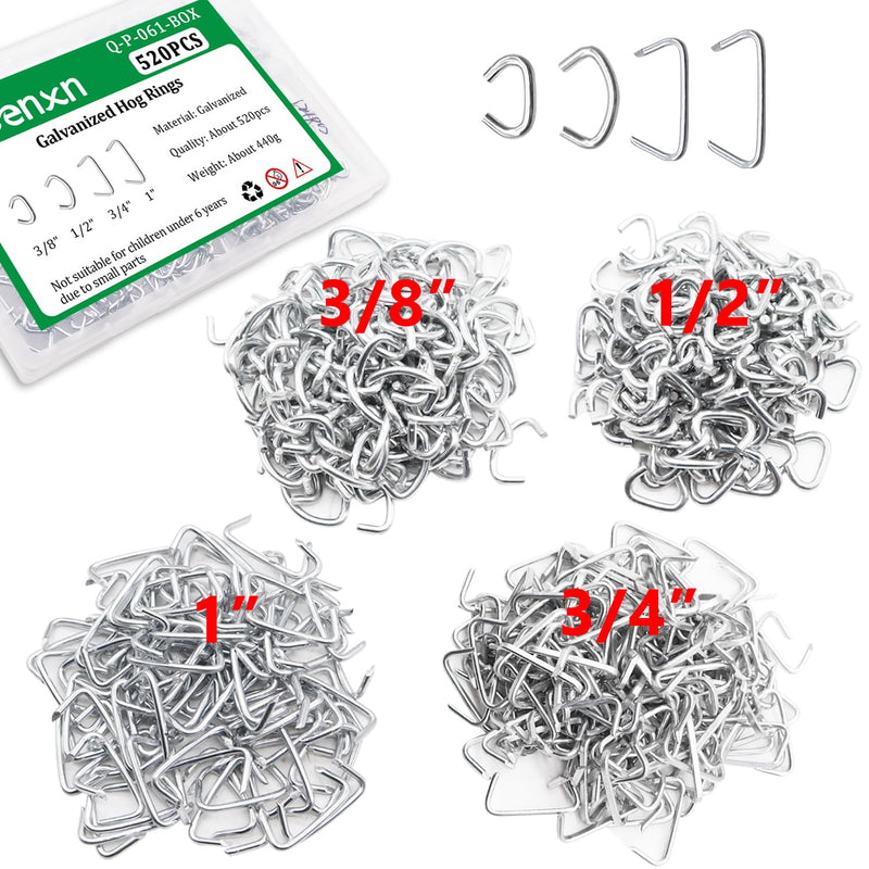 [Australia - AusPower] - 4 Sizes Galvanized Hog Ring Kit, 1" 3/4" 1/2" 3/8" Hog Rings for Auto Upholstery, Furniture Upholstery, Fencing, etc. (520 Count-13.4oz) 