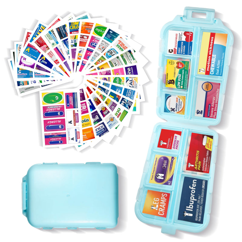 [Australia - AusPower] - Pill Organizer with Medicine Labels 161 Labels Travel Daily Pill Container Mini Medication Organizer Storage Pill Organizer Travel Essentials Pill Case 7 Day Pill Organizer (Blue, 1 Pack) Blue 