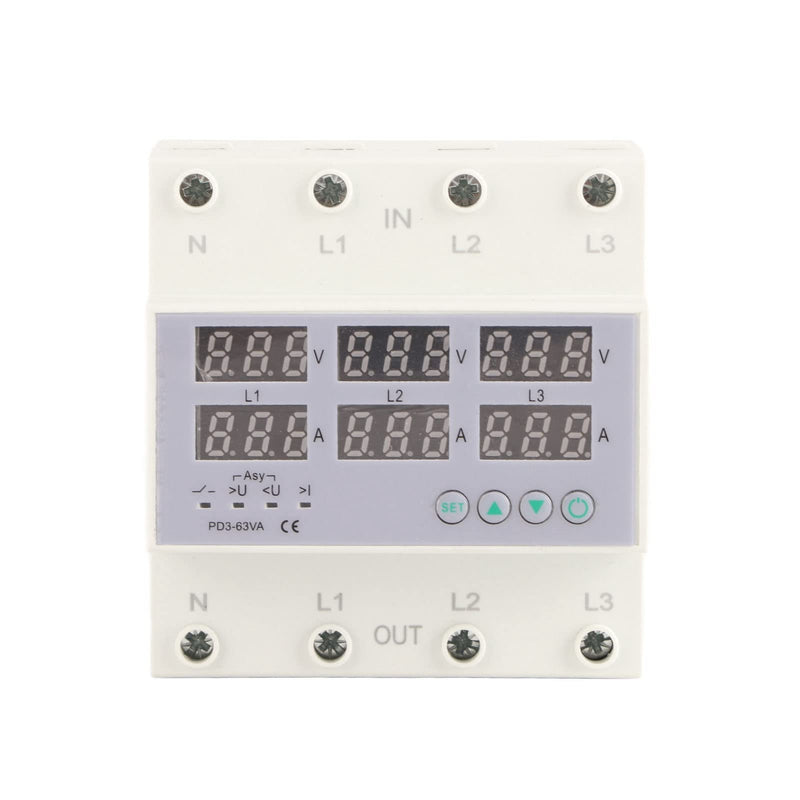 3 Phase DIN Rail Voltmeter Voltage and Current Protector Digital Display 3 Phase Voltage Monitoring Sequence Relay AC 390‑500V (63A) 63A