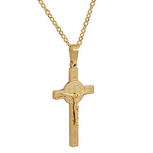 Catholic Town Saint Benedict Crucifix Pendant Stainless-Steel metal Available in Gold and Silver colors