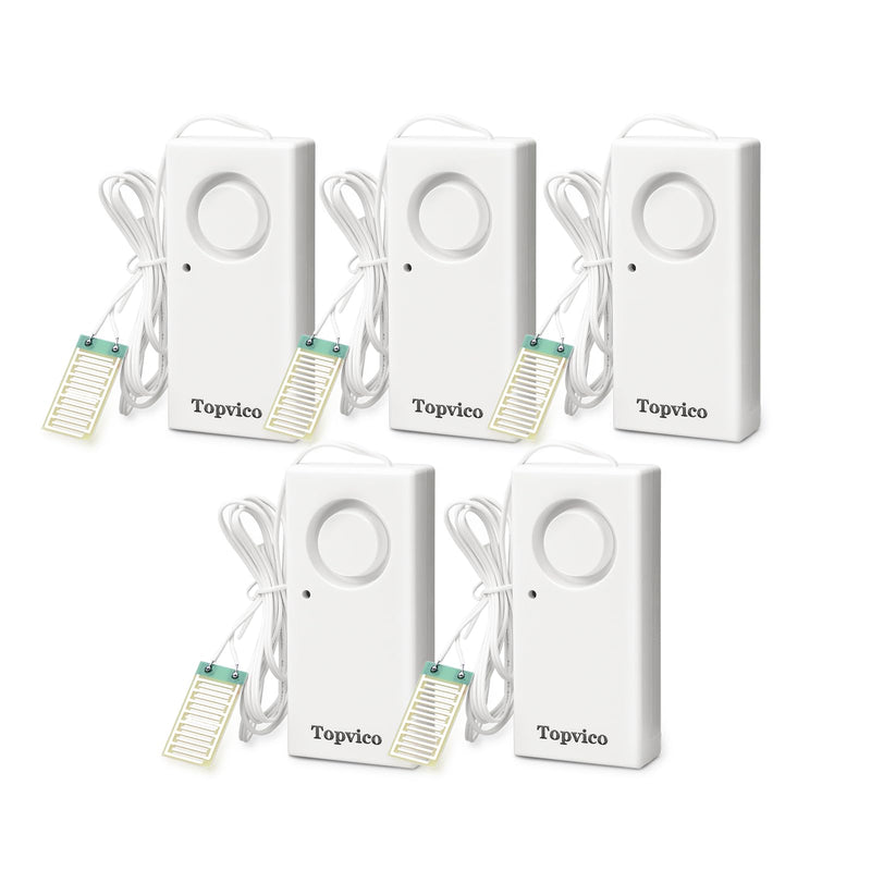 Topvico Water Alarm Leak Detector Moisture Sensor for Basements Sump Pump Dishwasher RV Water Heater Pan High Flood Alert, 120dB Work Alone, Battery Operated, 5 Packs 5 Sensor