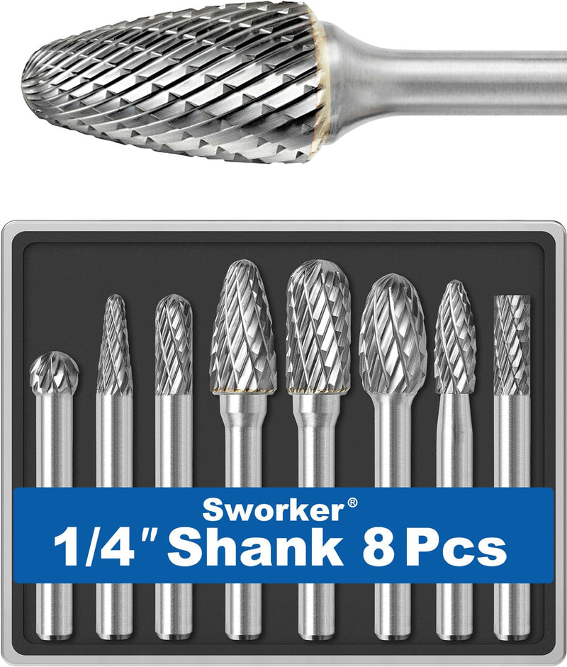 [Australia - AusPower] - Sworker 8Pcs Carbide Burr Set 1/4 Shank w/Clear Box Max Head Dia 10mm Die Grinder Bits Rotary Tools Attachment Kit Rasp Accessories Metal Wood Stone Steel Grinding Deburring Cutting Porting Carving 