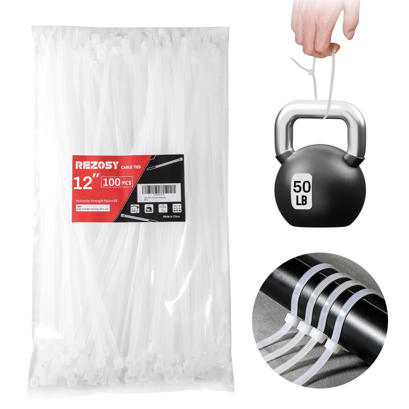 [Australia - AusPower] - White Zip Ties 12 Inch 100 Pack Clear Tensile Strength 50 lbs UV Resistant Industrial Cable Ties Self Locking Zipties Wire Ties Wrap Indoor Outdoor Use for Fence Garage Camping 12 inch 100pack 