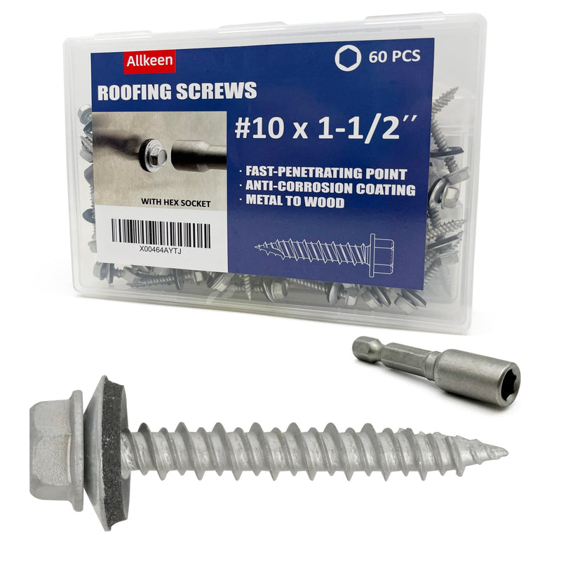 [Australia - AusPower] - #10 x 1-1/2" Hex Head Sheet Metal Roof Screws, Rustpert Coating Metal to Wood siding Screws, 60 Pieces 