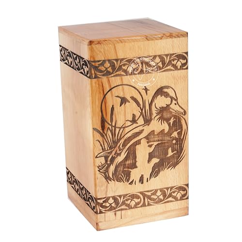 Handcrafted Floral Engraved Wooden Urns for Human Ashes Adult Large - Cremation Urn for Ashes - Burial Urn for Columbarium - Funeral Urn Box (Duck, 250 LB - Beechwood) Duck