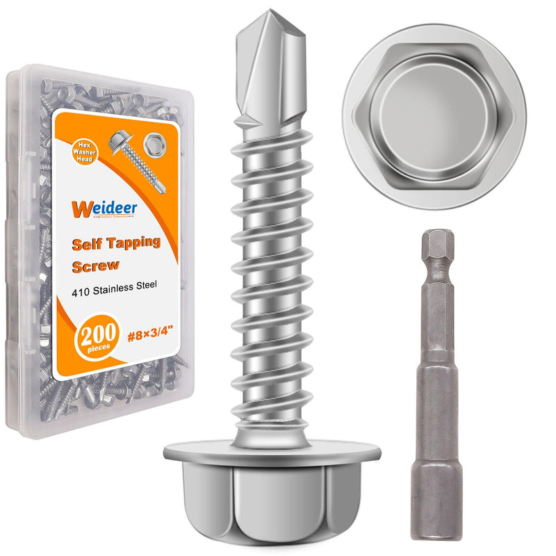 [Australia - AusPower] - weideer 200pcs #8×3/4" Self Tapping Screws for Metal Sheet Metal Screws 410 Stainless Steel Hex Washer Head Self Drilling Screws Quick Tapping Screw with Screwdriver Bit 