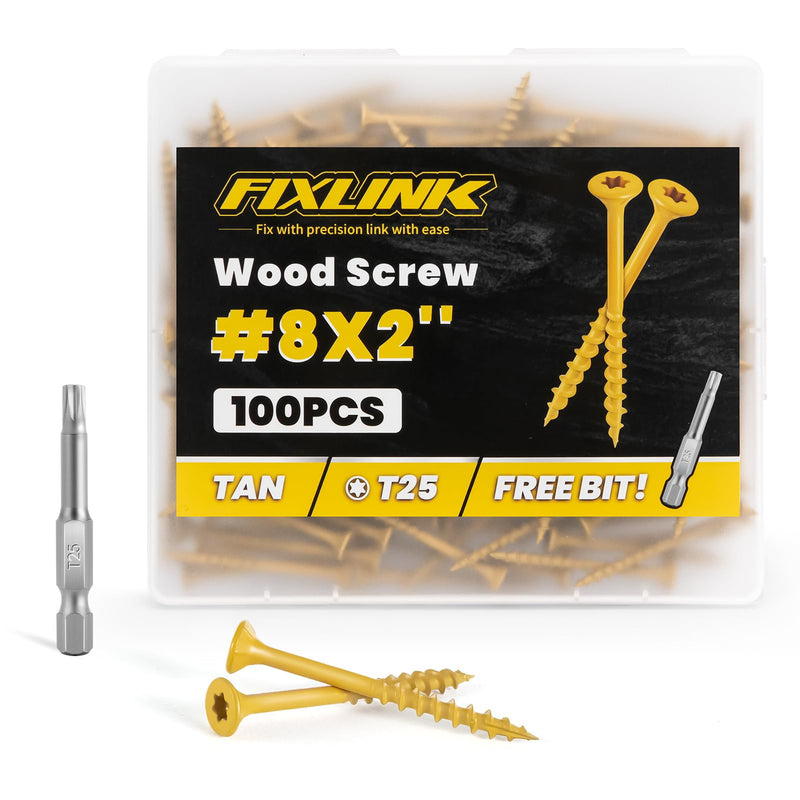 [Australia - AusPower] - Wood Screws 2 Inch, FIXLINK Deck Screws #8 x 2", 100 PCS, Epoxy Coated, T25 Star Bit above 1000 Hour Salt Spray Coating Outdoor Decking Screws Excellent Rust Resistant for Outdoor Wood Fence #8 x 2" 