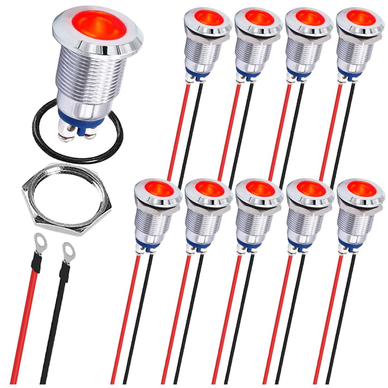 [Australia - AusPower] - 10Pcs Red Indicator Light 12mm 1/2" Waterproof IP67 Metal Signal Lamp 12V 24V AC/DC LED Pilot Dash Lamp Screw terminal Concave Head with 24AWG 120mm Terminal Wires for Car Boat Gauge Cluster N.10 x 12mm Red LED Indicator Lights 12v 