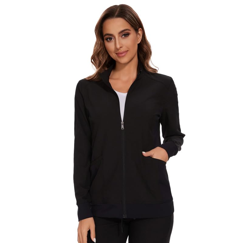 [Australia - AusPower] - Scrub Jackets for Woman, Zip Front Nurse Jacket, 4-Way Stretch Fabric Black Medium 