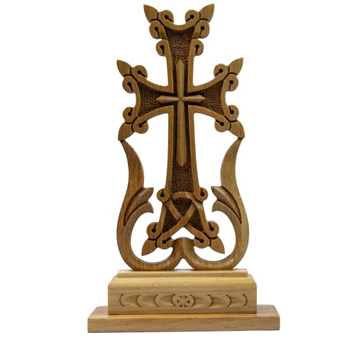 Armenian table cross standing Wooden "KHACHKAR" Cross for Desk best Armenian gift souvenir (APRICOT WOOD) APRICOT WOOD
