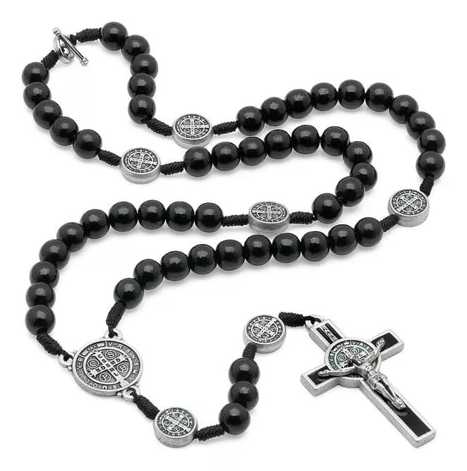 Rosary Black Beads Necklace Saint Benedict Catholic Rosary BeadsMetal Crucifix Cross Christian Gifts with Gift Velvet Bag 01-8mm Black Hematite Rosary