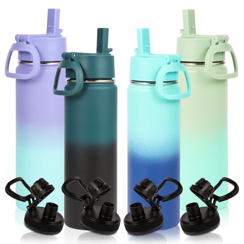 Volhoply 20oz Insulated Stainless Steel Water Bottle with Straw Lid Bulk 4 Pack,Kids Double Wall Vacuum Cups with Handle,Reusable Outdoor Sports Metal Bottles,Travel Flask Keep Cold(Assorted,4) Assorted