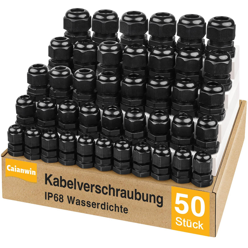 Caianwin 50 pieces cable gland set, black, PG cable grommet, waterproof | IP68, PG7/PG9/PG11/PG13.5/PG16, screw connection set, strain relief for cables, junction box, distribution box PG Set