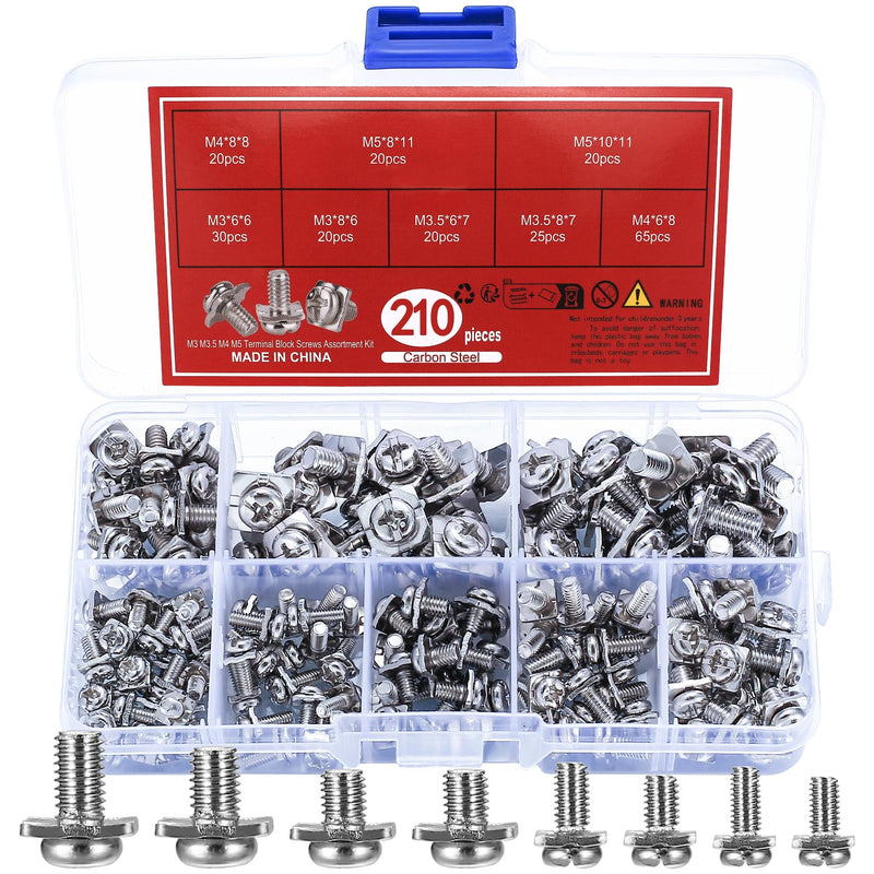[Australia - AusPower] - 210 Pcs Terminal Block Screws, M3 M3.5 M4 M5 Terminal Screws Assortment Kit with Square Washers, for Fixing Wires in Electrical Ffacilities, Nickel-Plated Carbon Steel 