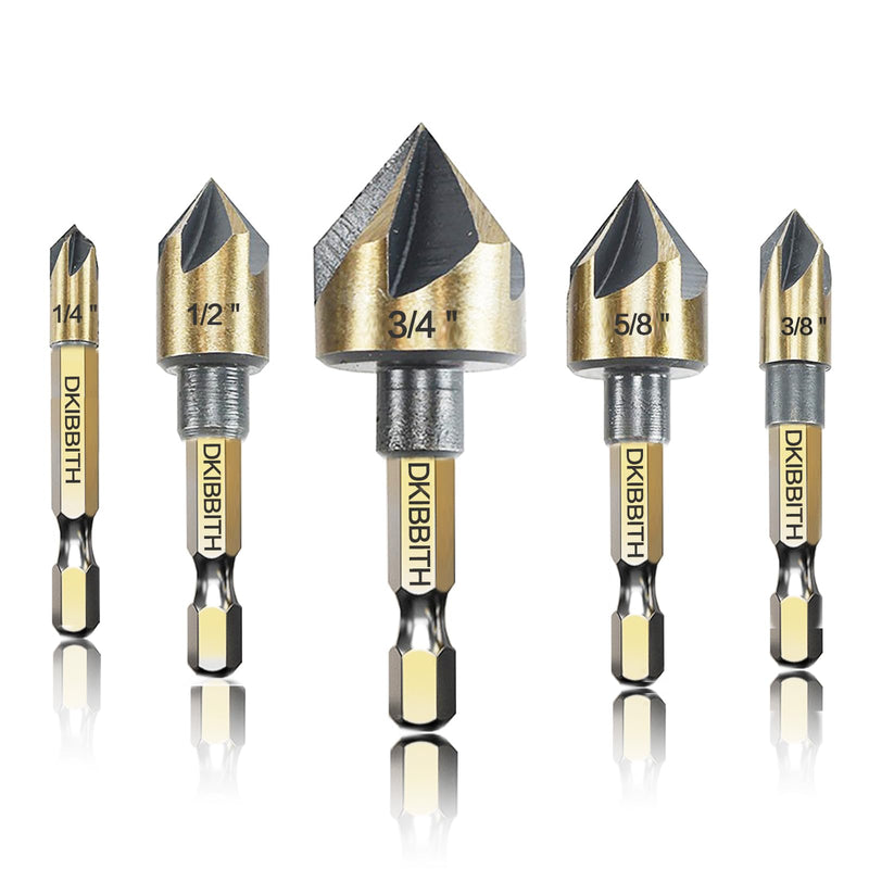 [Australia - AusPower] - Countersink Drill Bit Set, 5pc, 1/4" Hex Shank, 82 Degree Countersink Holes for Screws to Sit Flush or Under The Surface of Metal Wood Plastic, Sizes 1/4, 3/8, 1/2, 5/8, 3/4 Inches with Storage Case 5 Piece Hex Shank Countersink Bit 