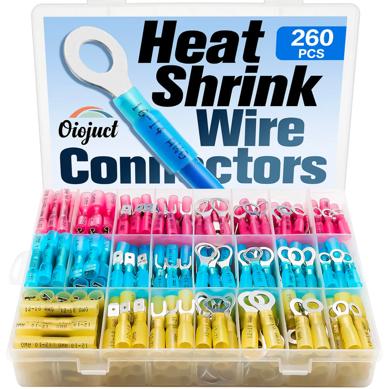 [Australia - AusPower] - 260Pcs Heat Shrink Wire Connectors Kit - Marine Automotive Electrical Connectors - Crimp Terminal Set for Electrical Wiring - Waterproof Fork Spade Ring Butt Connector Assortment 260 