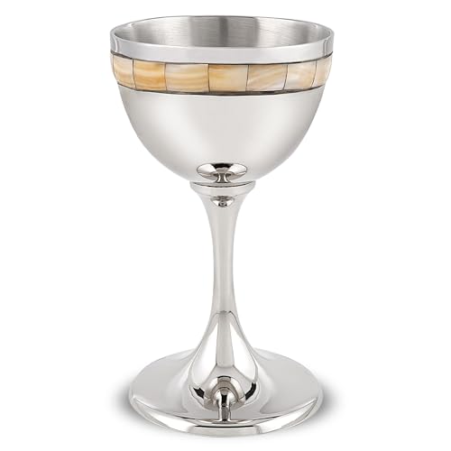 Zion Judaica Luxurious Ivory Natural Pearls Kiddush Cup 5" Shabbat Wine Goblet Nickel Inlaid Cream Pearl Tiles 4 oz Passover Seder Wine Cup for Bar/Bat Mitzvah Wedding Beautiful Shabbat Cup of Elijah
