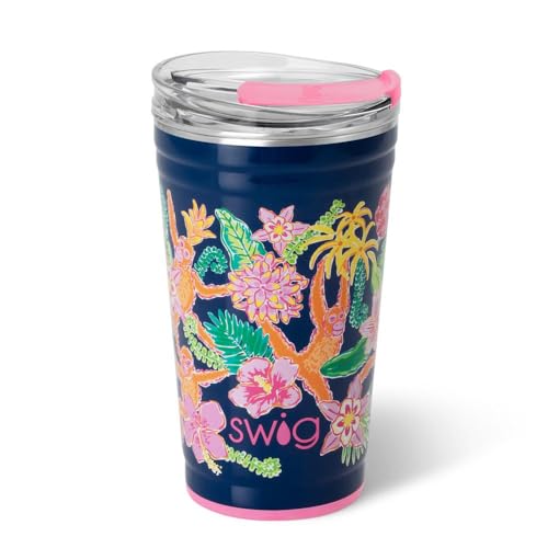 Swig Life 24oz Party Cup, Stackable Insulated Travel Coffee Tumbler with EZ Slider Lid, Cup Holder Friendly, Stainless Steel 24 oz Tumbler, Reusable Coffee Mug (Jungle Gym)