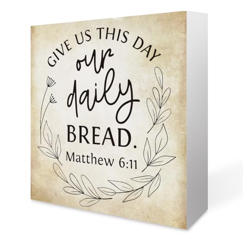 Inspirational Bible Verse Give Us This Day Our Daily Bread Wooden Box Sign Scripture Desk Decor Rustic Scripture Wood Block Plaque Box Sign for Home Office Shelf Table Decoration Matthew 6:11
