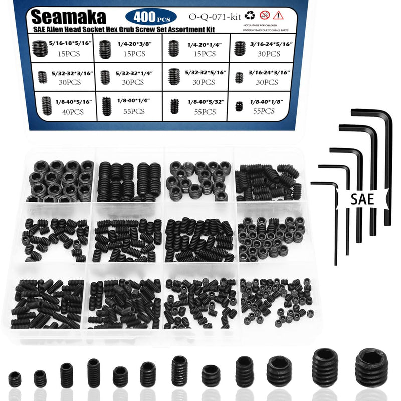 [Australia - AusPower] - 400Pcs 1/8-40 to 5/16-18 Internal Hex Allen Head Socket Set Screw (Black),12 Size 12.9 Class Alloy Steel Grub Screw Assortment Kit with 5 Hex Wrenches for for Door Handles, Light Fixture 