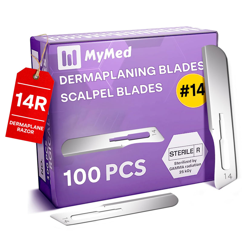 [Australia - AusPower] - 14R Blades Dermaplaning Razors Pack of 100 Blades 14, Size 14 Scalpel Blades, High Carbon Steel Dermablade Dermaplane Blades 14R Blade by Mymed (#14R) 