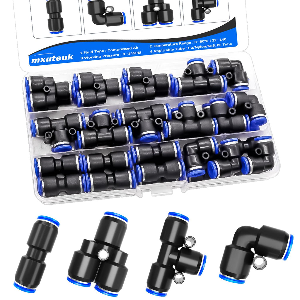 mxuteuk 1/4 Inch OD Push to Connect Fittings 1/4 Inch Quick Connect Fittings Air Hose Fittings Pneumatic Fittings Kit for 1/4 inch Tube (30PCS) Blue