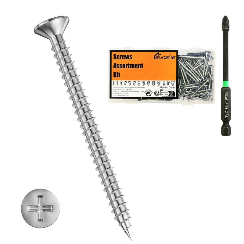 [Australia - AusPower] - 100PCS #6 X 2 High Hardness Drywall Screws, Stainless Steel 304, Fine Thread, Phillips Drive, Bugle Head, Wood Screws with Organizer Box & 1 Phillips PH2#2 Long Bit #6 X 2" Fine Thread Stainless Steel 304 