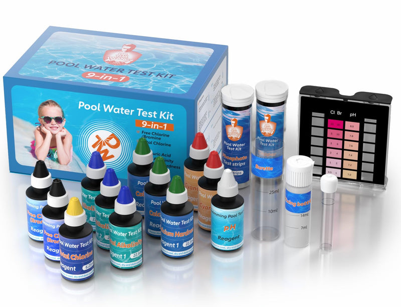 [Australia - AusPower] - 9 Way Pool Test Kit - Hot Tub and Spa Water Chemical Test Kit for pH & Total Chlorine & Free Chlorine & Bromine & Total Alkalinity & Calcium Hardness & Cyanuric Acid & Copper & Phosphate 9 in 1 Pool Test Kit 