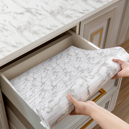 Drawer and Shelf Liner for Kitchen Cabinets, Non-Adhesive Strong Grip Cabinet Liners for Dressers, Durable Waterproof Anti Slip Cupboard Liner, White Marble, 17 in x 20 Feet 17.3"W x 236.2"L