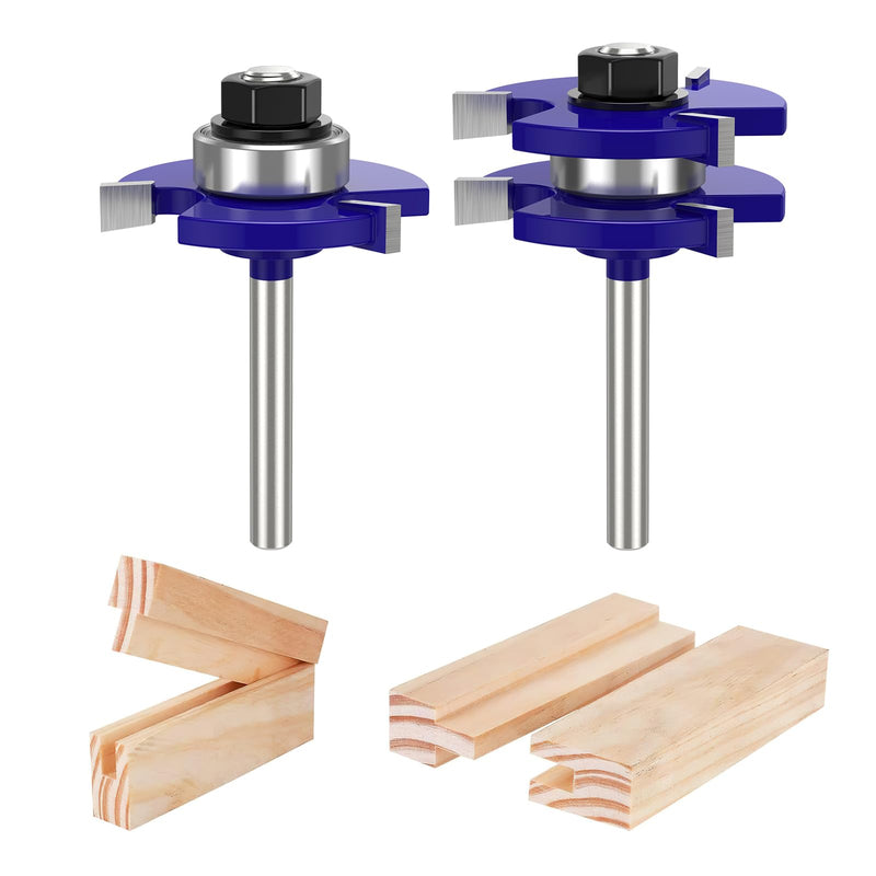 Tongue and Groove Router Bit Set of 2 Pieces 1/4 Inch Shank Router Bits 3 Teeth Adjustable T Shape Wood Milling Cutter Router Bits Sets for Woodworking, Idea Gifts for Dad, Fathers Day Gifts