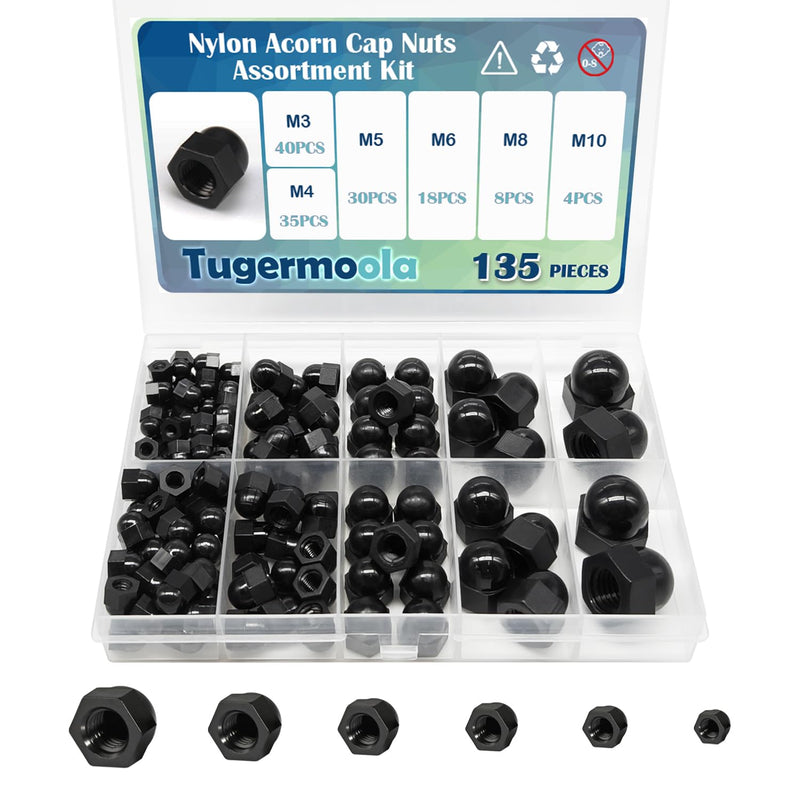 [Australia - AusPower] - 135PCS Metric Nylon Acorn Cap Nuts Assortment Kit M3 M4 M5 M6 M8 M10 Female Thread Dome Hex Nut Caps Covers Set OLA003 