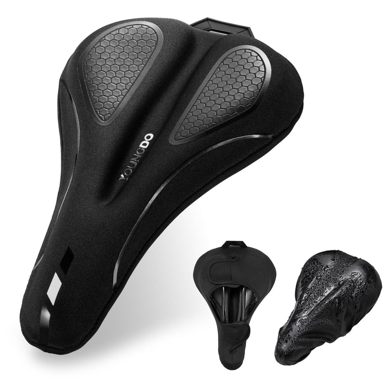 [Australia - AusPower] - YOUNGDO Bike Seat Cushion with Waterproof Cover, Gel Bicycle Seats Pad for Narrow Saddle, Shock Absorbing, Fit for Peloton, BMX, MTB & Road Black M-7.4"W×11.2"L/19cm×28.5cm 