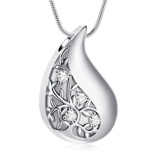 Hearbeingt Teardrop Tree of Life Urn Necklaces for Ashes Cremation Jewelry A-Silver
