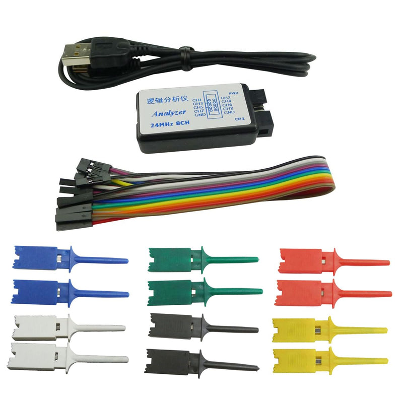 [Australia - AusPower] - USB Logic Analyzer 24MHz 8CH 8 Channel UART IIC SPI Debug Device + 12PCS 6 Colourful Test Hook Clip Set + USB Cable + Debugging Tool Sets 