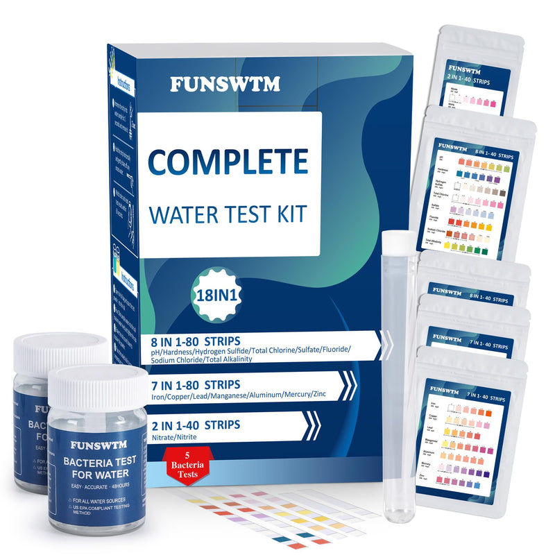 [Australia - AusPower] - Home Water Testing Kits for Drinking Water: 18 in 1 200 Strips + 5 Bacteria Tests Kit- Well Tap Home Water Test Strips for Lead Bacteria Fluoride Hardness Iron pH and More 200WT5BT 