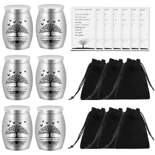 6 Set Small Urns for Ashes Cremation Urns 1.57 Inch Silver Ashes Keepsake Funeral Urn with Memorial Cards and Velvet Bag for Human Pet Ash (Tree of Life) 6 Set Tree of Life mini