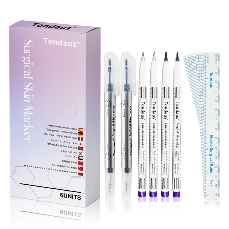 [Australia - AusPower] - 6Pcs Professional Surgical Tip Skin Marker Pen Stencil Markers Pen with Paper Ruler for Eyebrow, Tattoo Skin Marking Individually Wrapped 0.5MM & 1MM (Purple) 